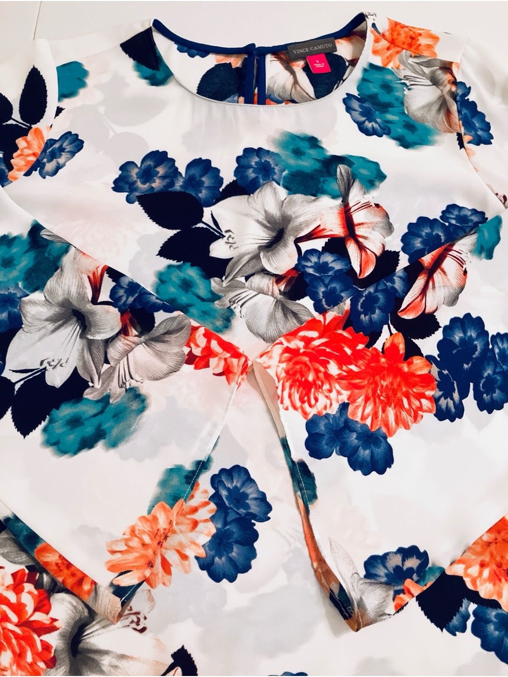 Vince Camuto Floral Chiffon Bell Long-Sleeve Pullover Blouse Top Small White - Picture 10 of 12